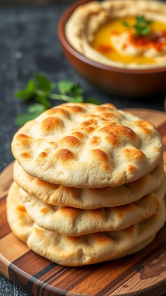 Freshly baked pita bread stacked on a wooden board with a bowl of hummus in the background.